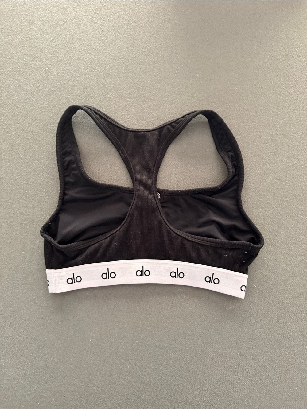 ALO Yoga Black Ribbed Racerback Sports Bra with White Logo Band - Picture 2 of 2